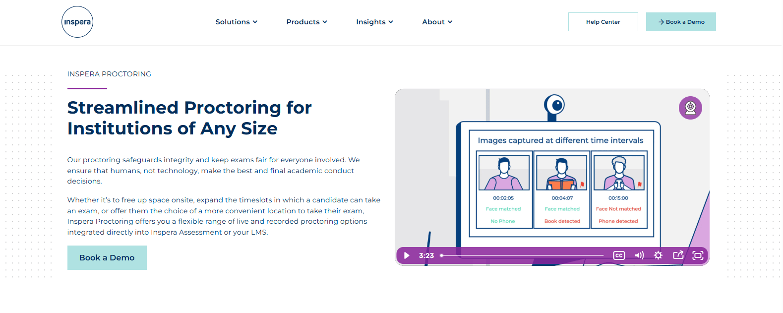 Inspera Proctoring homepage showcasing secure online exam proctoring with AI-assisted monitoring and flexible assessment solutions for institutions.