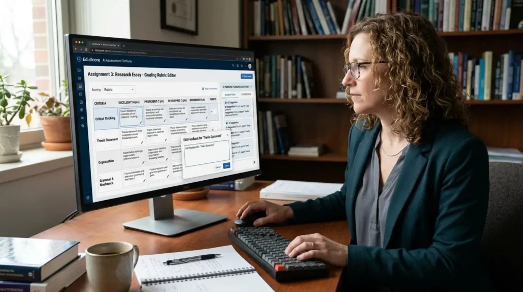 Instructor customizing a digital grading rubric on an AI-powered assessment platform, with editable scoring criteria and feedback panels