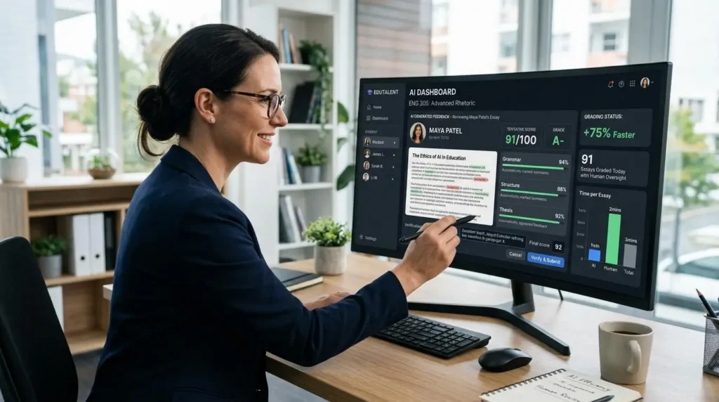 Instructor reviewing AI-generated essay scores and feedback on a modern grading dashboard, highlighting faster grading with human oversight