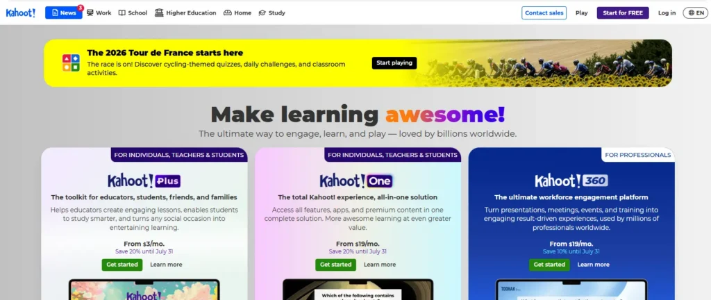 Kahoot! homepage showcasing an interactive learning platform with gamified quizzes, formative assessments, live classroom engagement, and student participation tools.