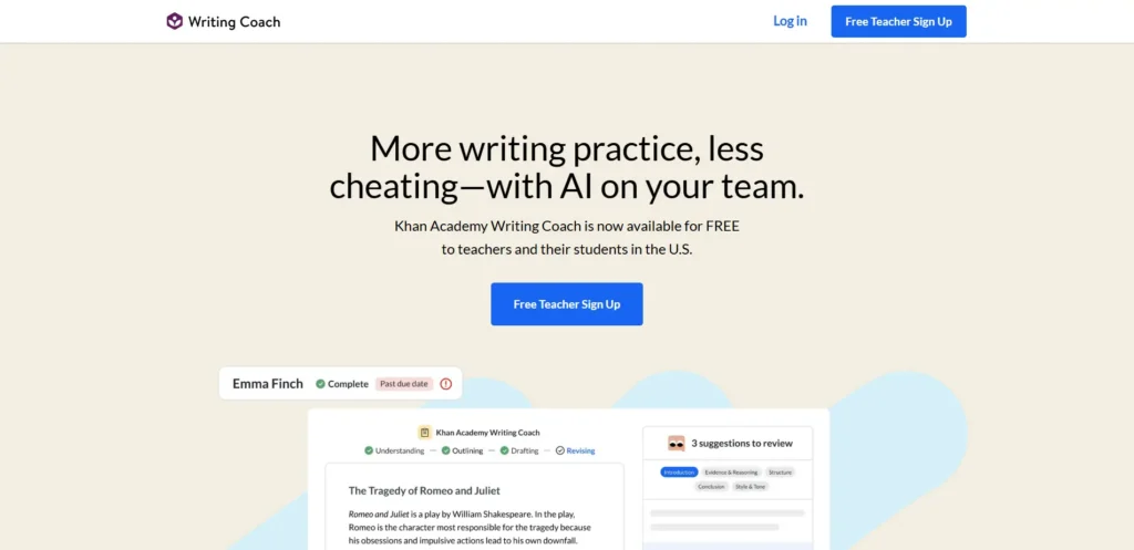 Khan Academy Writing Coach AI platform providing personalized writing feedback