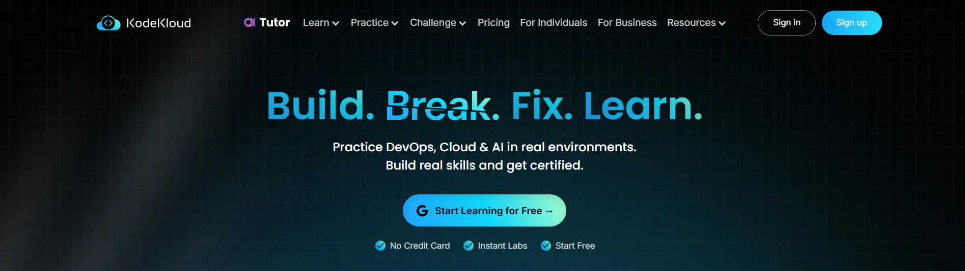 kodekloud page featuring AI-powered cloud learning platform with interactive virtual labs.