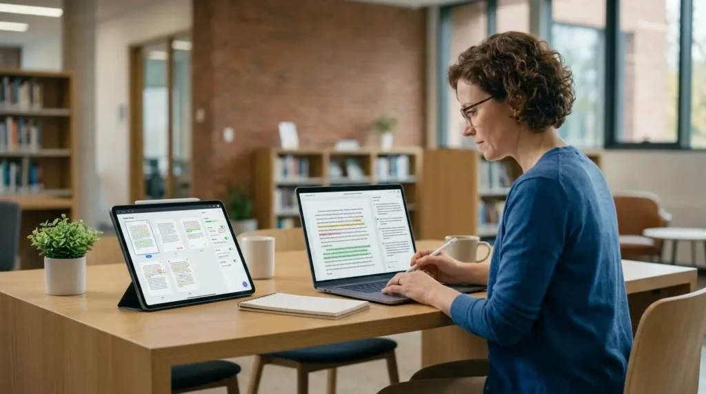 Modern academic workspace featuring AI-assisted grading across various written assignments alongside a teacher carefully reviewing essay feedback.
