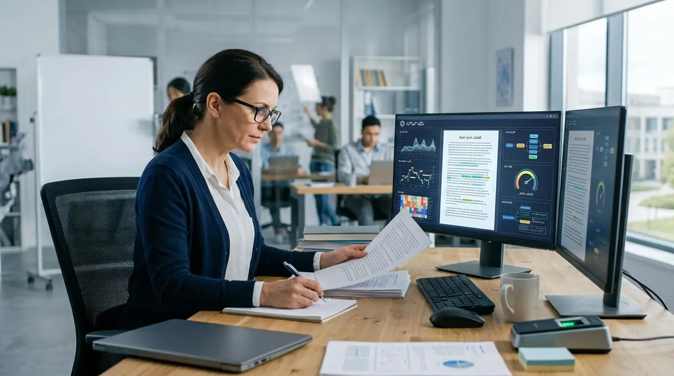 Modern academic workspace showing a secure document analysis process