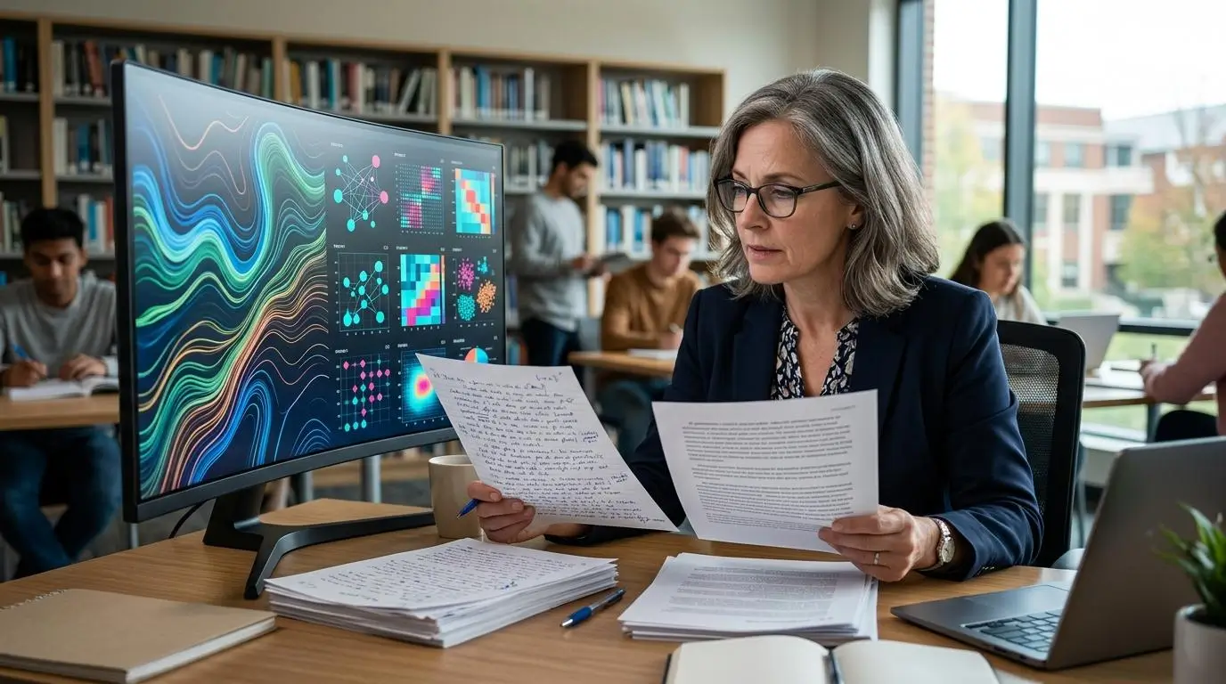 Modern academic workspace showing an educator comparing AI-generated and human-written documents