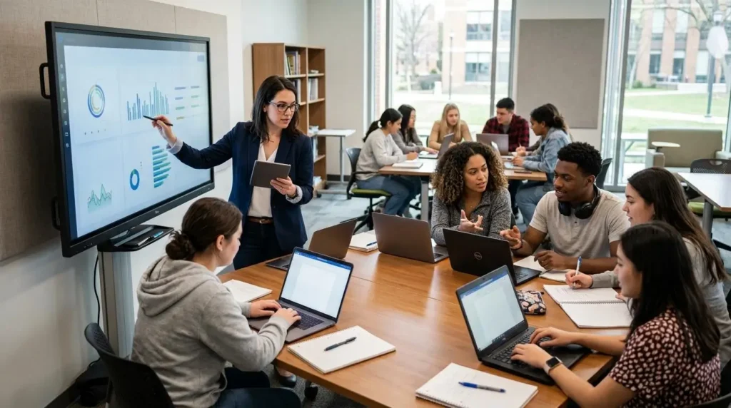 Modern classroom featuring an instructor analyzing digital assignments with AI assistance