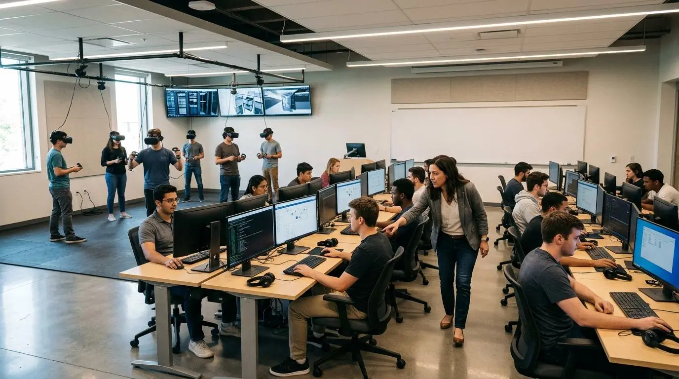 classroom with an instructor monitoring and assisting students working