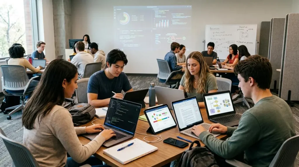 Modern education technology scene featuring written assignments, coding exercises, quizzes, and interactive classroom activities displayed across multiple devices.