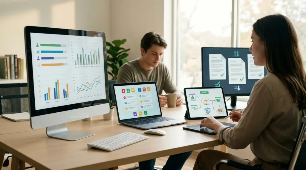 Modern education technology workspace showcasing AI-assisted grading, interactive assessments, real-time analytics, and adaptive learning tools across multiple digital devices.