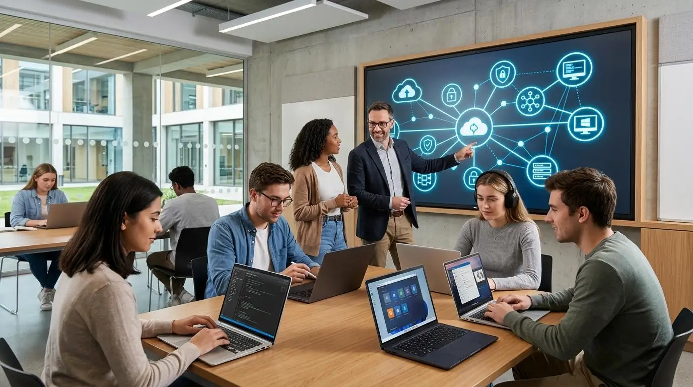 Modern educational technology concept featuring cloud integration, secure virtual desktops, interconnected academic systems