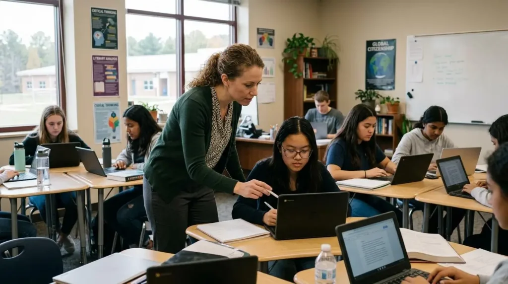 Modern educator carefully evaluating student assignments 