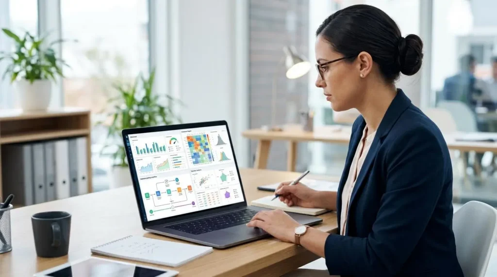 Modern educator comparing multiple digital grading platforms on a laptop with AI analytics dashboards, assessment reports, and classroom workflow visualizations.