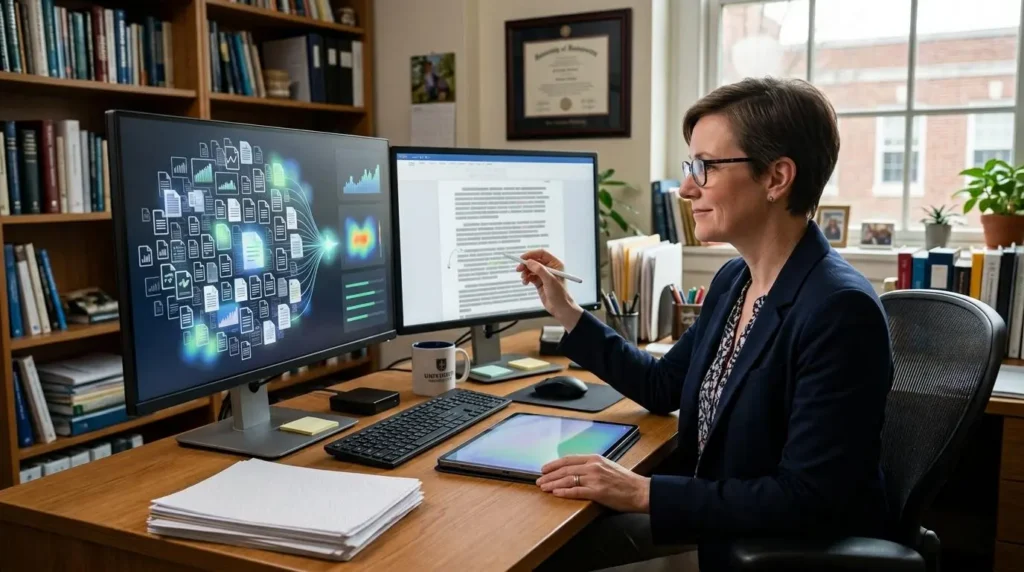 educator efficiently reviewing a large stack of assignments 