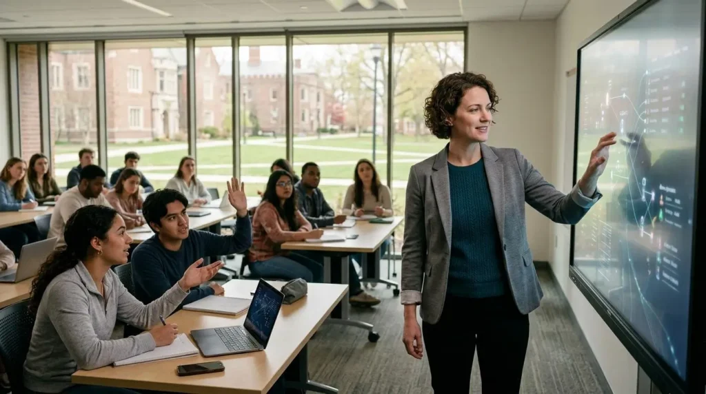 Modern educator effortlessly managing a large volume of student assignments
