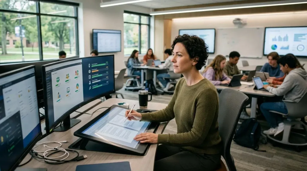 educator working seamlessly across a connected digital teaching ecosystem
