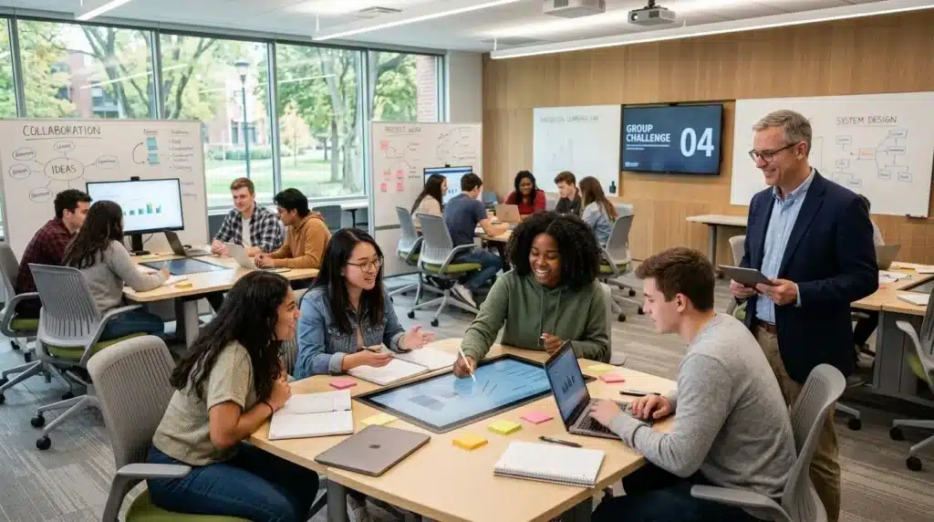 Modern higher education classroom featuring engaged students