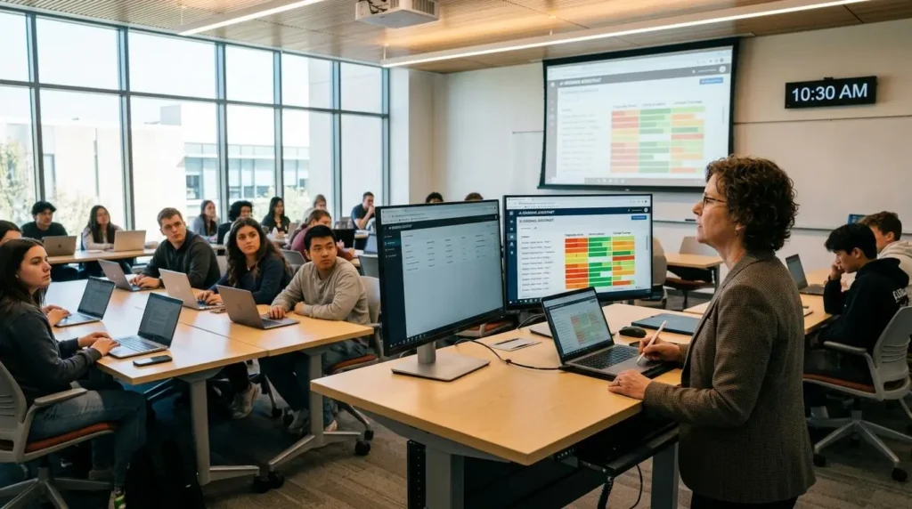 Modern higher education classroom with an instructor evaluating assignments