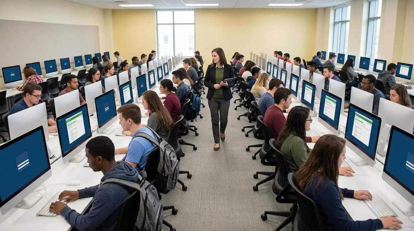 university computer lab with students using identical cloud-based virtual desktops