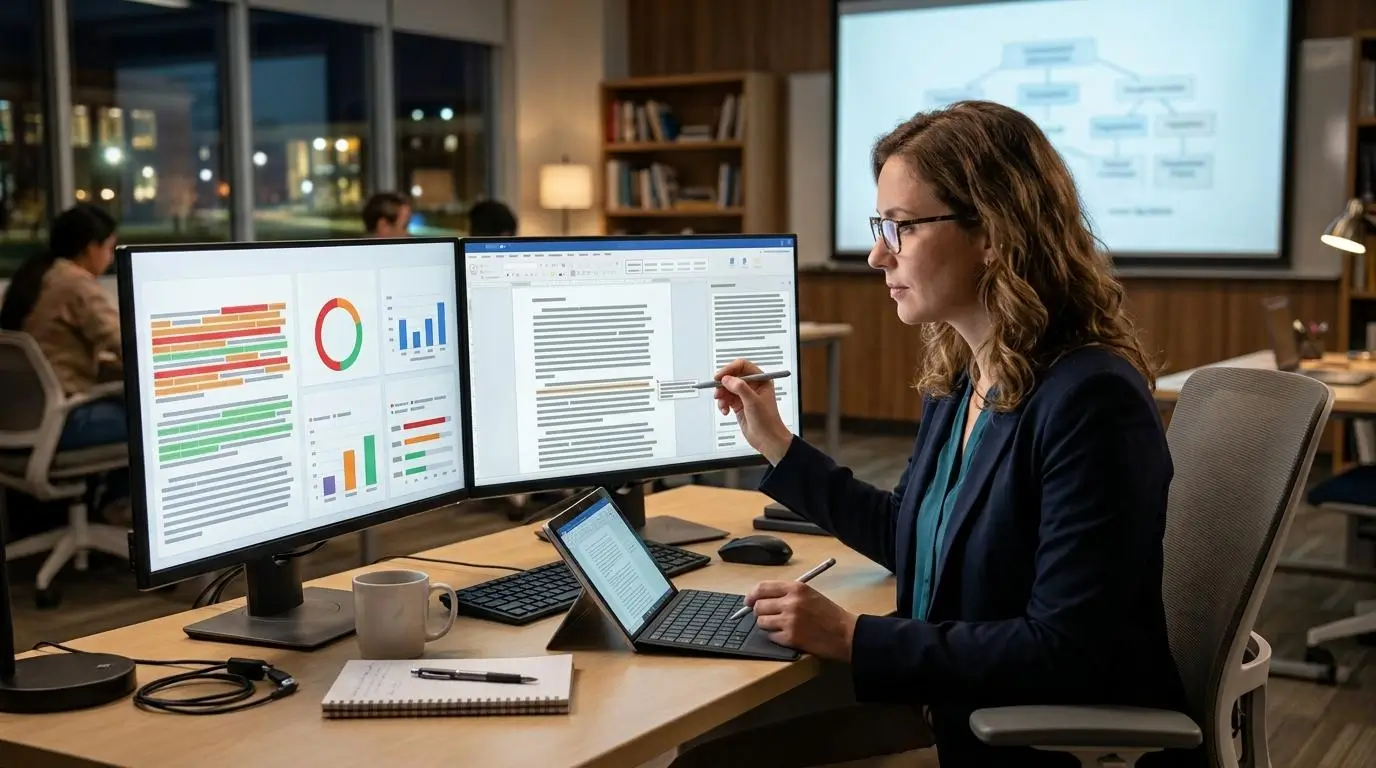 Modern university educator using one AI system to provide detailed assignment feedback