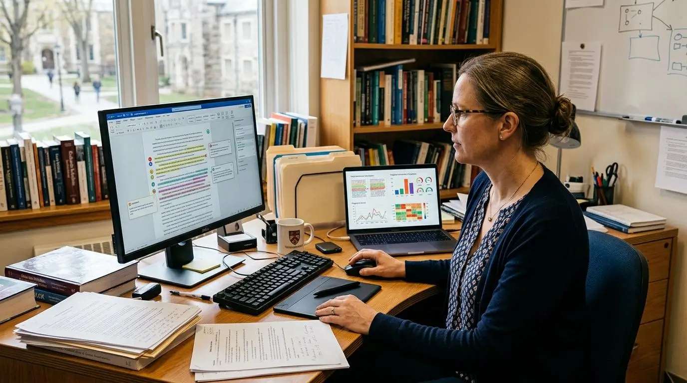 Modern university instructor using AI to evaluate student assignments