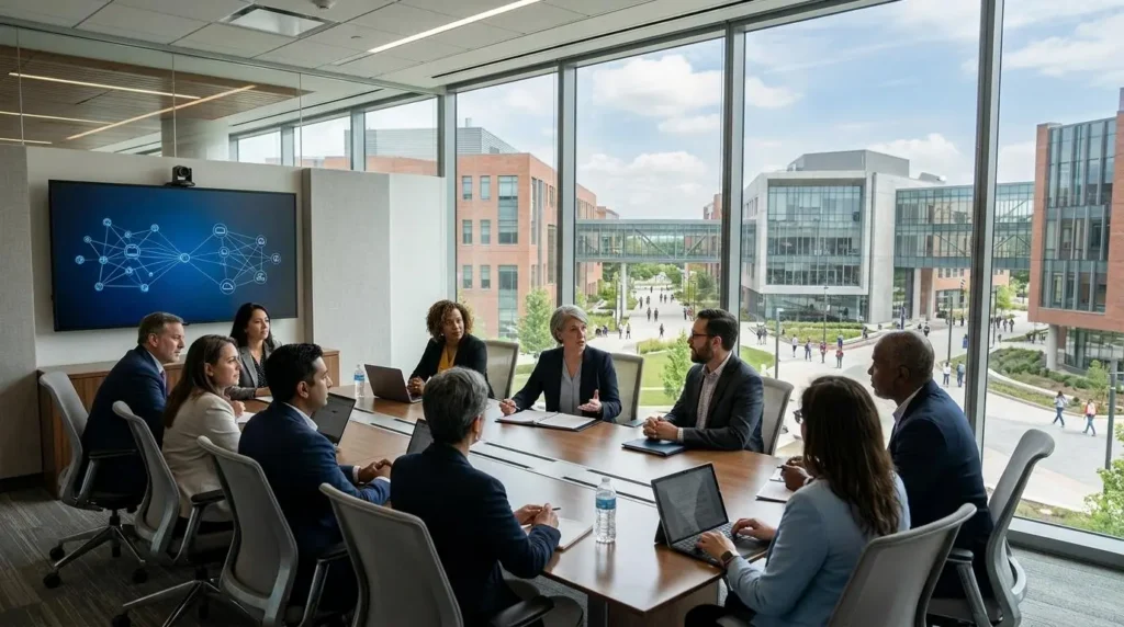 university leadership meeting with faculty discussing institution-wide digital education initiatives