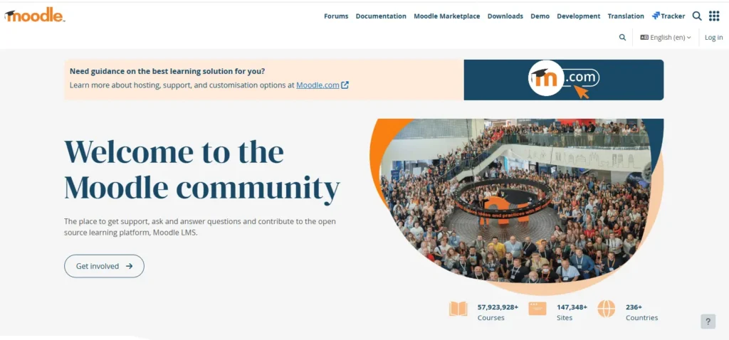 Moodle homepage showcasing the open-source learning management system