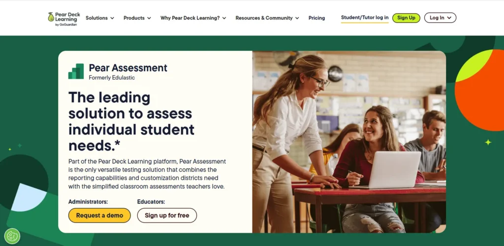 Pear Assessment by Pear Deck Learning homepage showcasing a digital student assessment platform with a teacher assisting students in a collaborative classroom