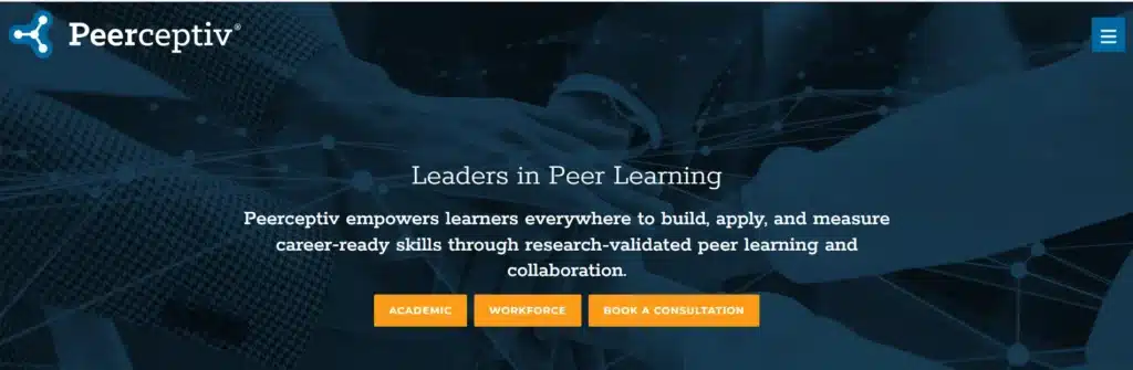 Peerceptiv homepage showcasing a peer learning and peer assessment platform that helps educators build collaboration, feedback, and career-ready skills for students. 