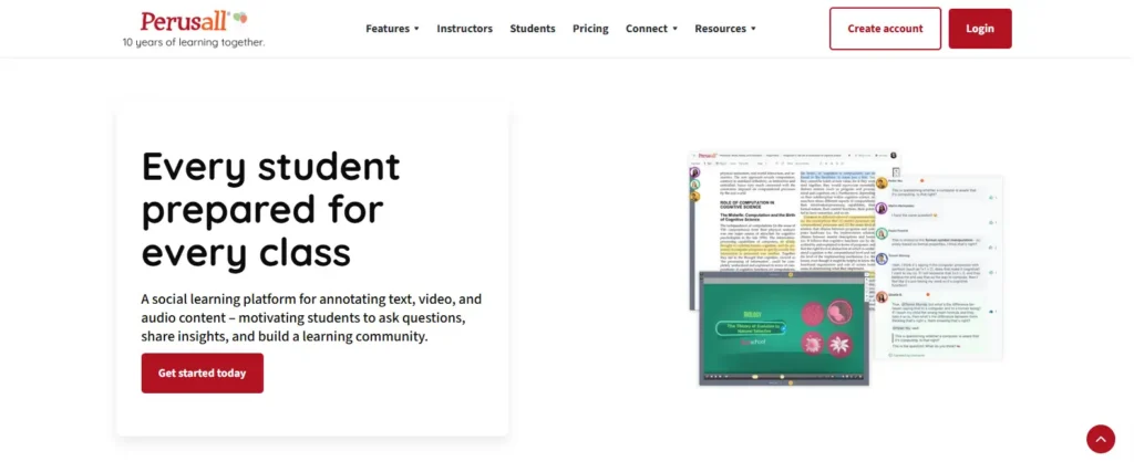 Perusall homepage featuring a collaborative social learning platform