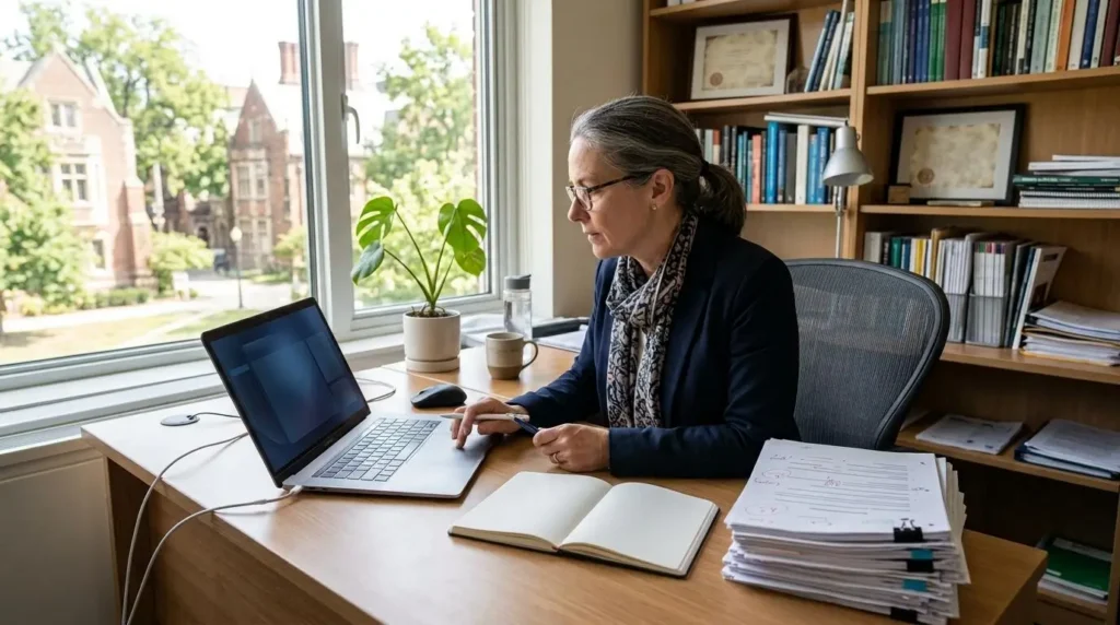 university professor efficiently reviewing student assignments on a laptop