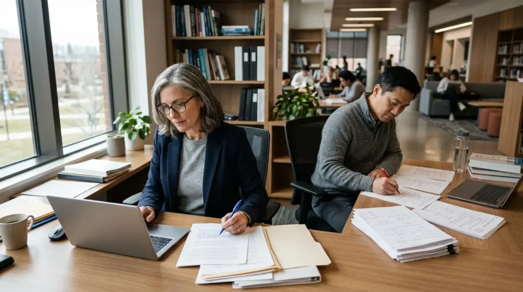 university professor reviewing student essays and research papers on a laptop