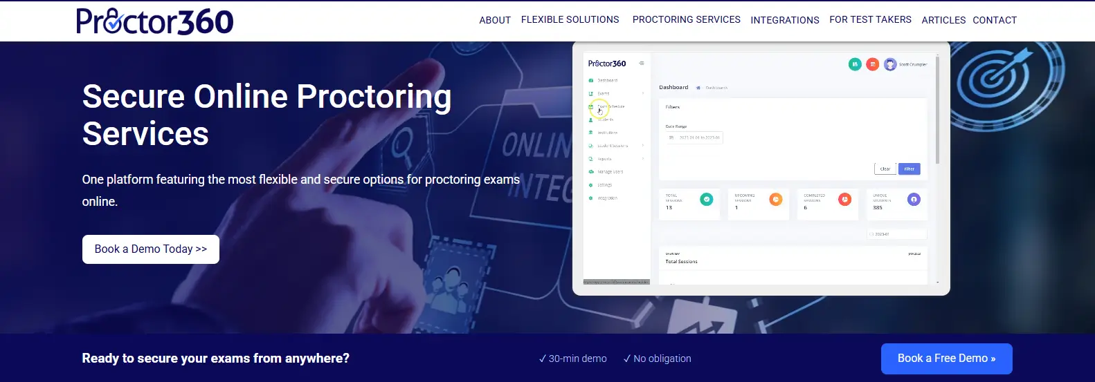 Proctor360 homepage promoting secure online proctoring services with a flexible exam monitoring platform and real-time proctoring dashboard