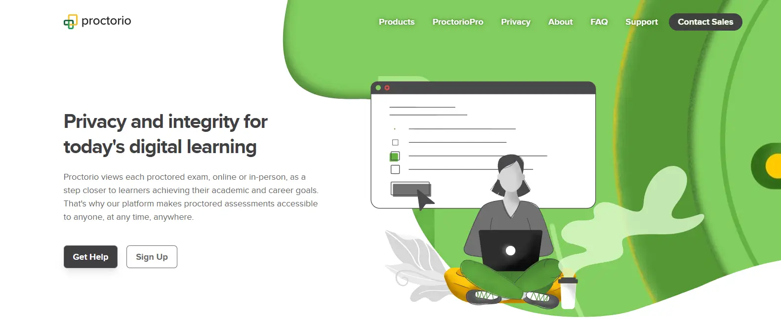 Proctorio homepage promoting secure online proctoring software with privacy-focused digital exam monitoring for remote assessments