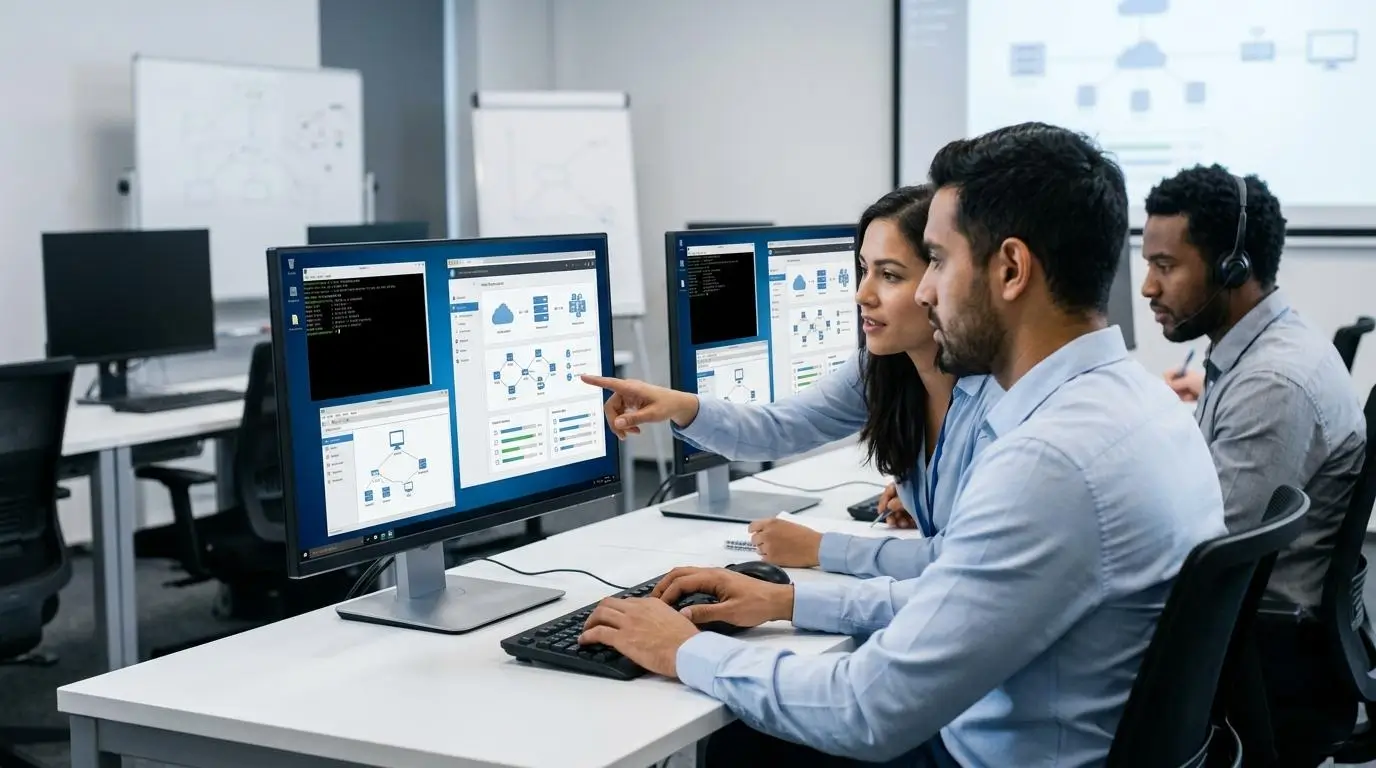 Professional IT learners practicing technical skills