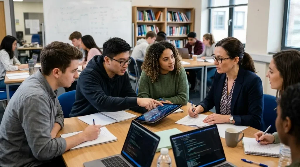Professional academic setting showing an instructor validating AI-generated assessment