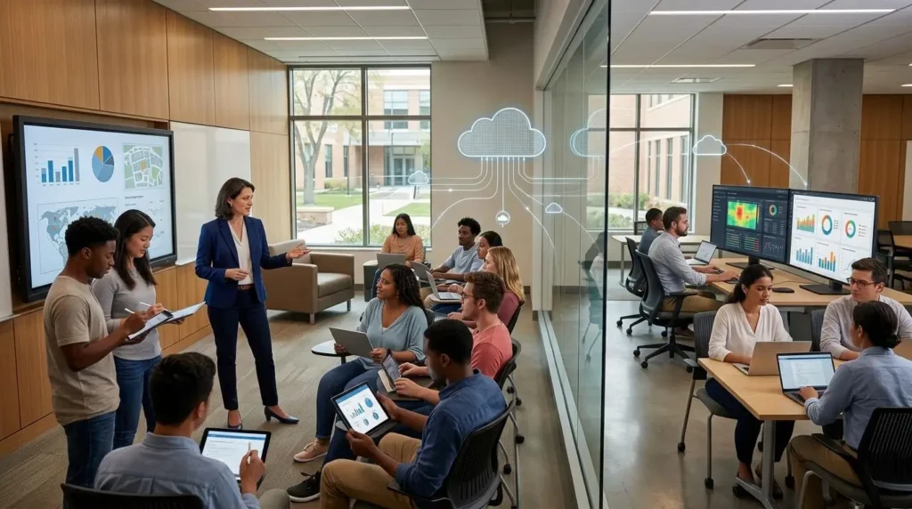 classroom and university workspace connected through cloud-based education technology