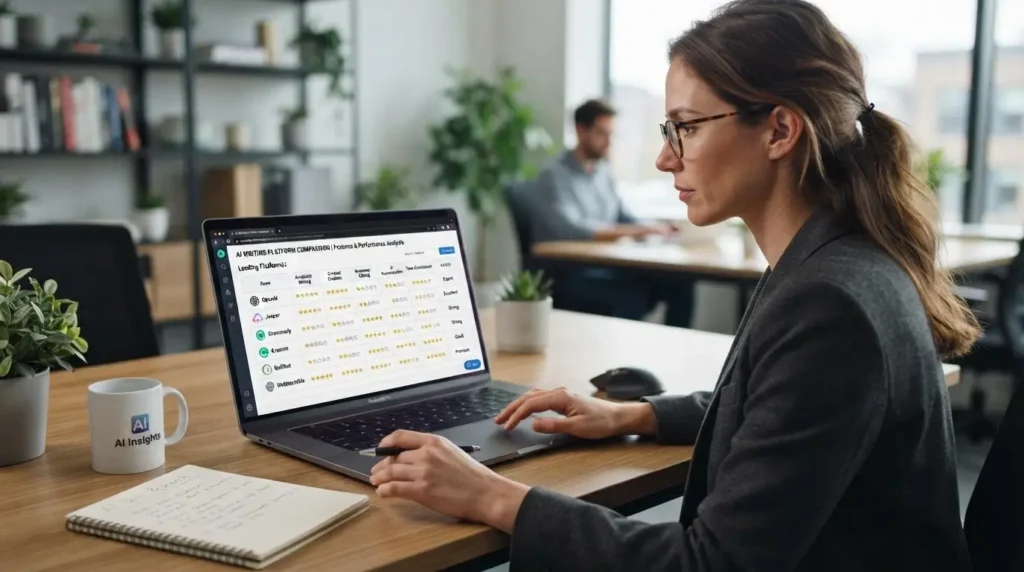Professional comparing multiple AI writing platforms on a laptop using a feature comparison dashboard for academic writing