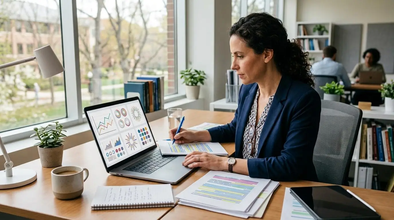 Professional educator comparing multiple AI detection and plagiarism checking platforms on a laptop while reviewing academic documents in a modern workspace.