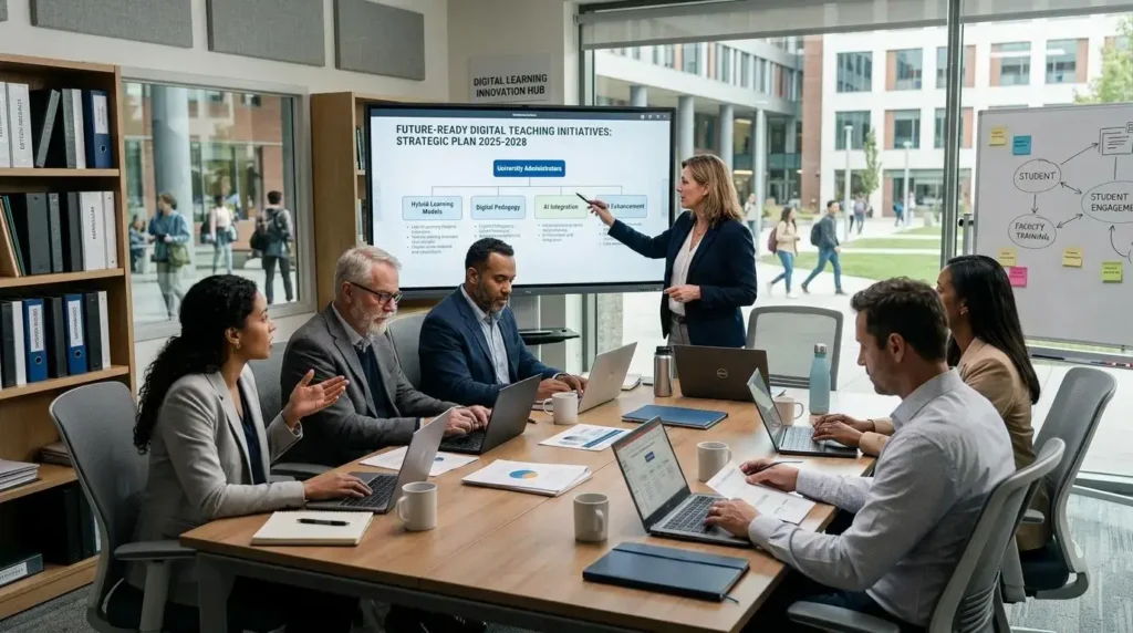 Professional higher education environment showing university administrators and faculty planning future-ready digital teaching initiatives
