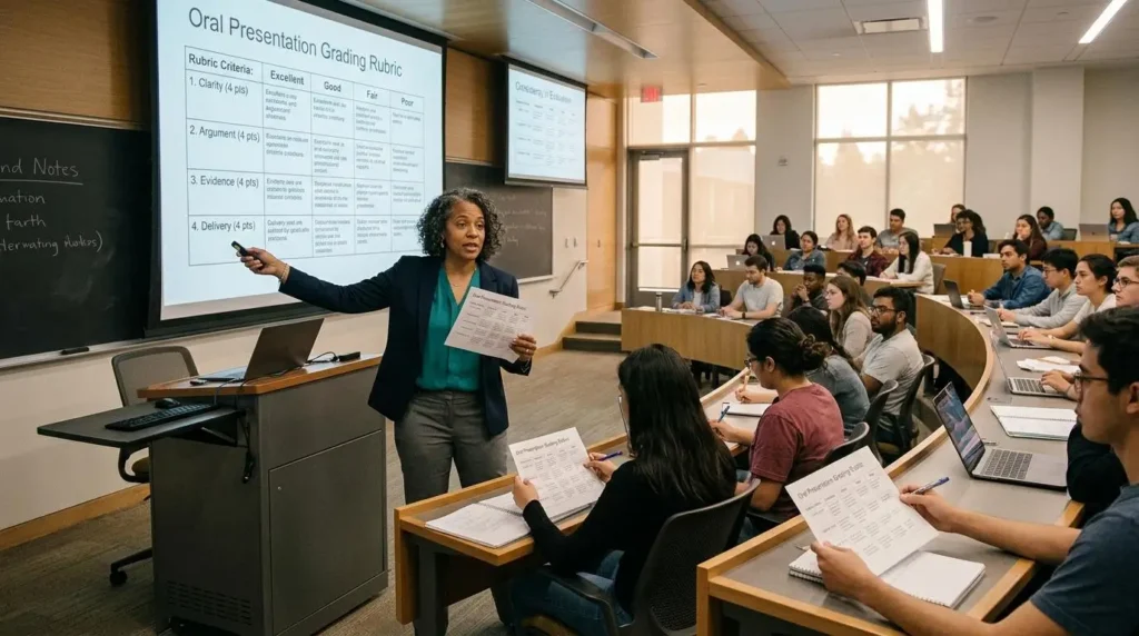 Professional university classroom showing an instructor