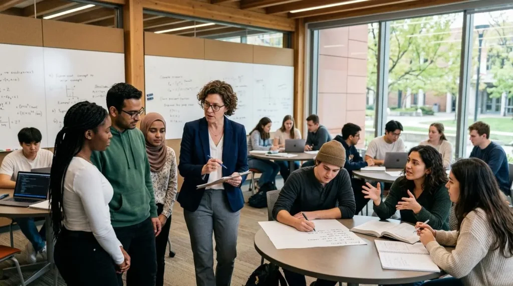  university environment featuring an instructor managing multiple assessment types while students engage in active learning