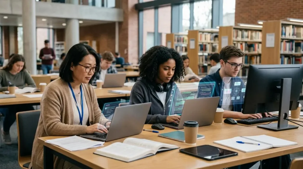 university workspace visualizing AI assisting educators with grading while simultaneously helping students