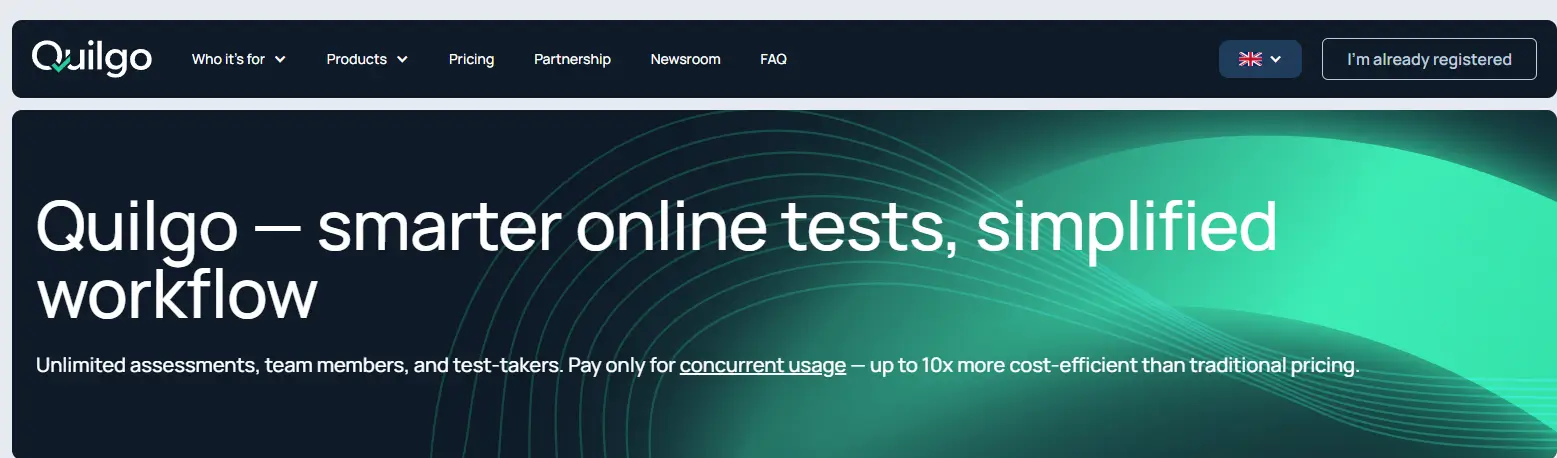 Quilgo homepage showcasing secure online assessment software with automated proctoring.