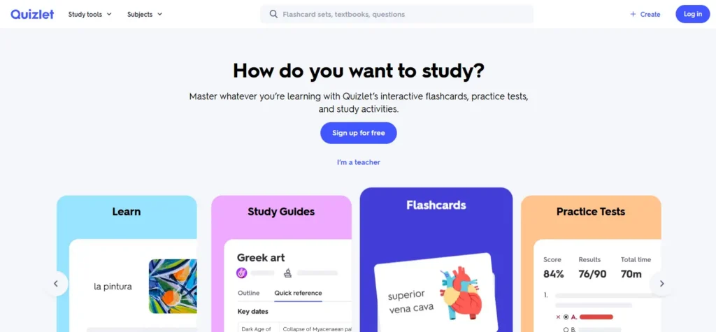 Quizlet homepage showcasing an interactive learning platform with digital flashcards