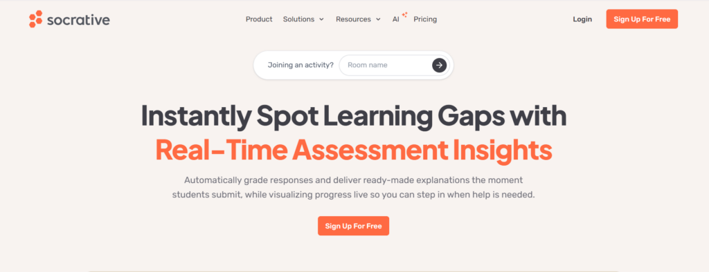 Socrative homepage showcasing a real-time student assessment platform with instant grading, learning analytics, and classroom progress insights.