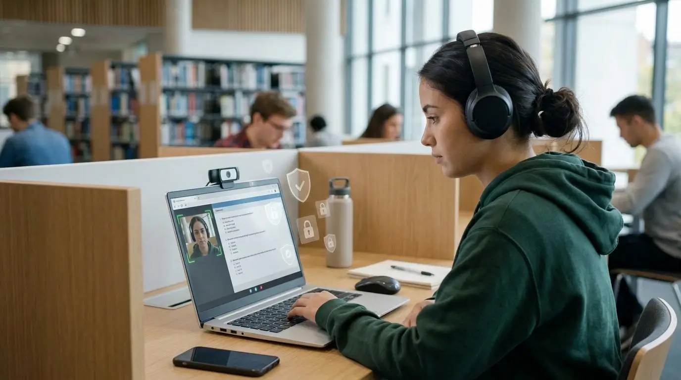 Student taking a secure online exam with facial verification