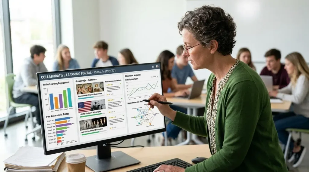 Teacher analyzing collaborative learning software with peer assessment, group projects