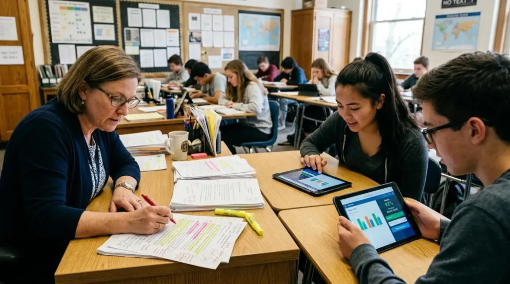 Teacher evaluating detailed written assignments with highlighted feedback
