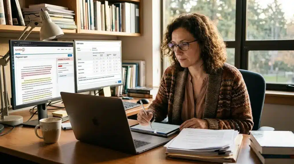 Teacher evaluating student assignments with AI detection tools, plagiarism reports, and editable rubric-based feedback to ensure fair assessment