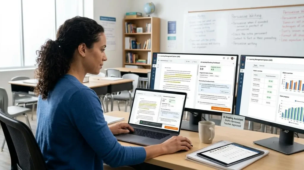 Teacher publishing AI-assisted grades and personalized feedback directly from a learning management system, highlighting streamlined assessment workflows